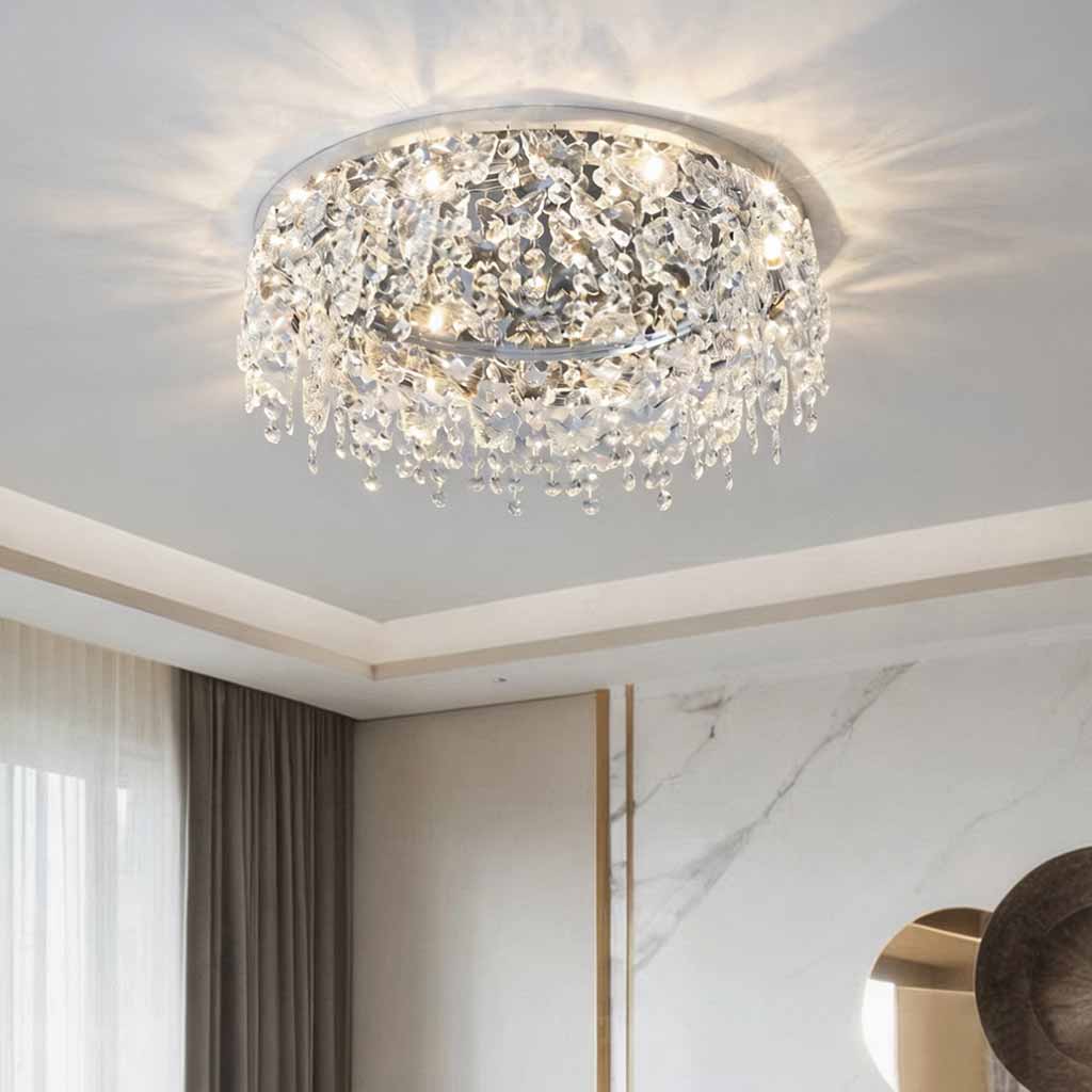 Ronde chroomkristallen plafondlamp met kwastjes, inbouwstudeerkamer