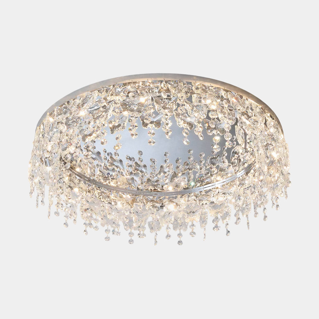 Ronde plafondlamp met kristallen kwastjes van chroom