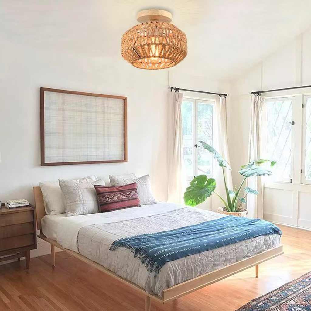 Semi Flush Ceiling Light Boho Hemp Rope Round Cage Bedroom