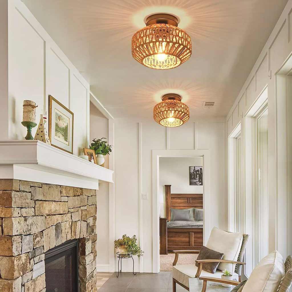 Semi Flush Ceiling Light Boho Hemp Rope Round Cage Sitting Room