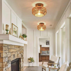 Semi Flush Ceiling Light Boho Hemp Rope Round Cage Sitting Room