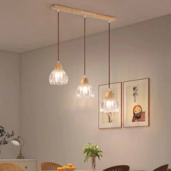 Small Wood Glass Flower Tulip Pendant Light 3 Dining Table