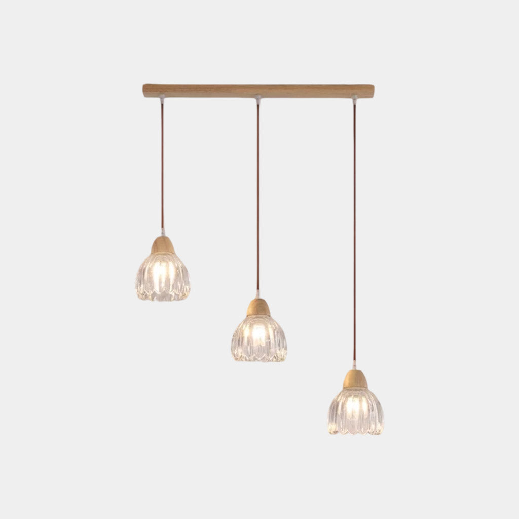 Small Wood Glass Flower Tulip Pendant Light 3 Head