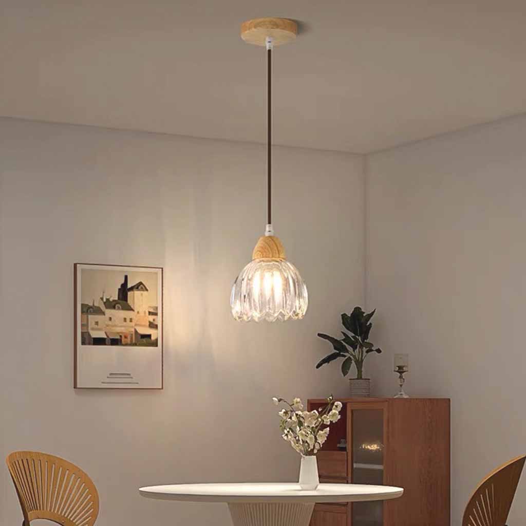 Small Wood Glass Flower Tulip Pendant Light Dining Table