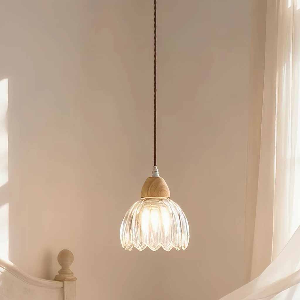 Small Wood Glass Flower Tulip Pendant Light Room