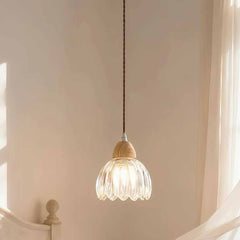 Small Wood Glass Flower Tulip Pendant Light Room