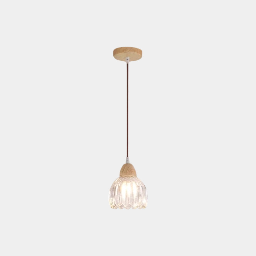 Small Wood Glass Flower Tulip Pendant Light