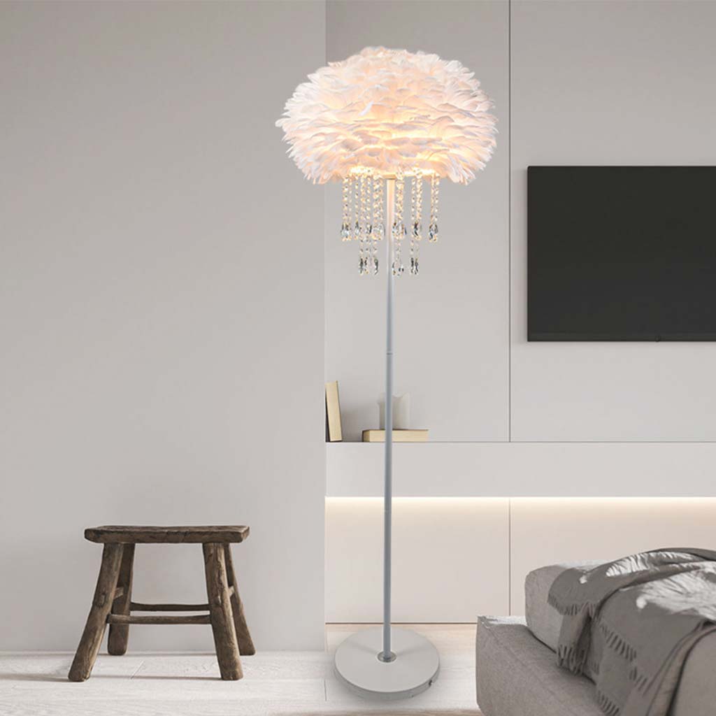 Stylish Feather Floor Lamp with Crystal Tassels White Body White Shade Bedroom