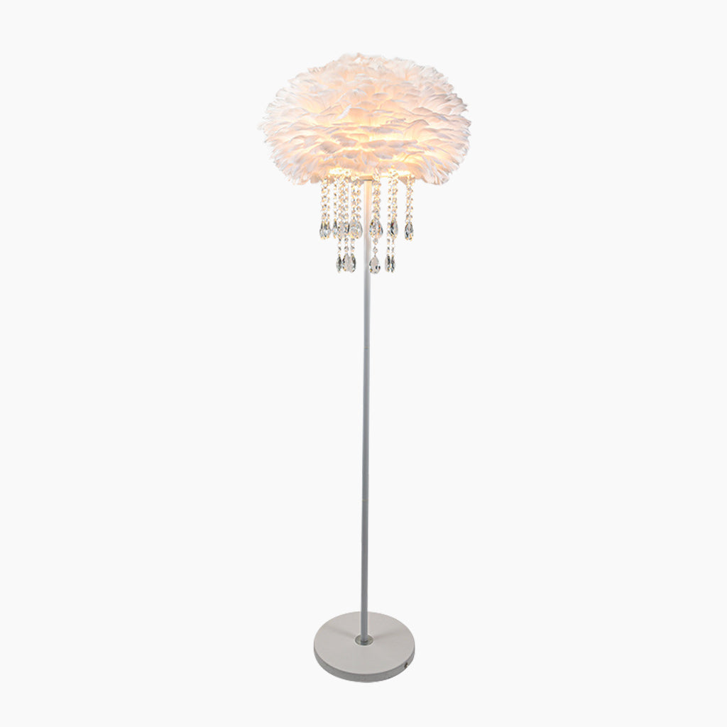 Stylish Feather Floor Lamp with Crystal Tassels White Body White Shade