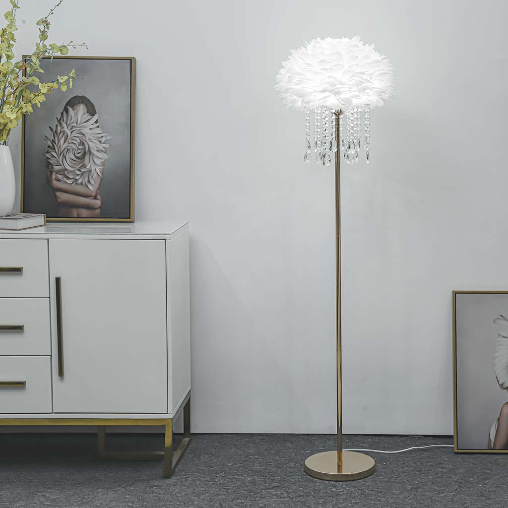 Stylish Feather Floor Lamp with Crystal Tassels White
