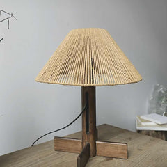 Table Lamp Retro Wood Handmade Rattan Rope Umbrella Room