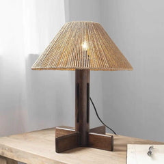 Table Lamp Retro Wood Handmade Rattan Rope Umbrella Study Room