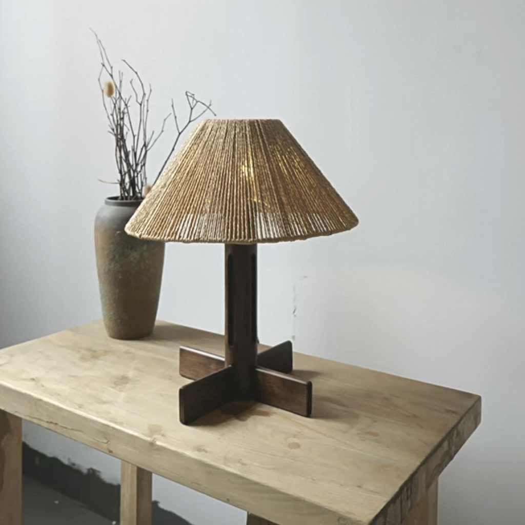 Table Lamp Retro Wood Handmade Rattan Rope Umbrella Table