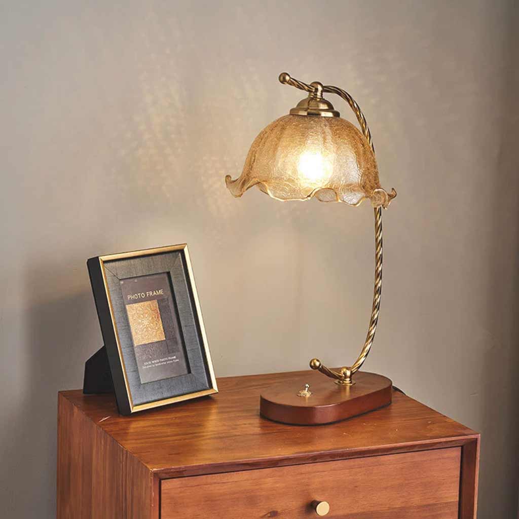 Table Lamp Vintage Ambient Wood Amber Glass Flower Corner