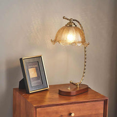 Table Lamp Vintage Ambient Wood Amber Glass Flower Corner