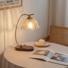 Table Lamp Vintage Ambient Wood Amber Glass Flower Dining Table