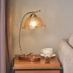 Table Lamp Vintage Ambient Wood Amber Glass Flower Living Room