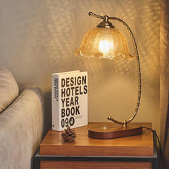 Table Lamp Vintage Ambient Wood Amber Glass Flower Study Room