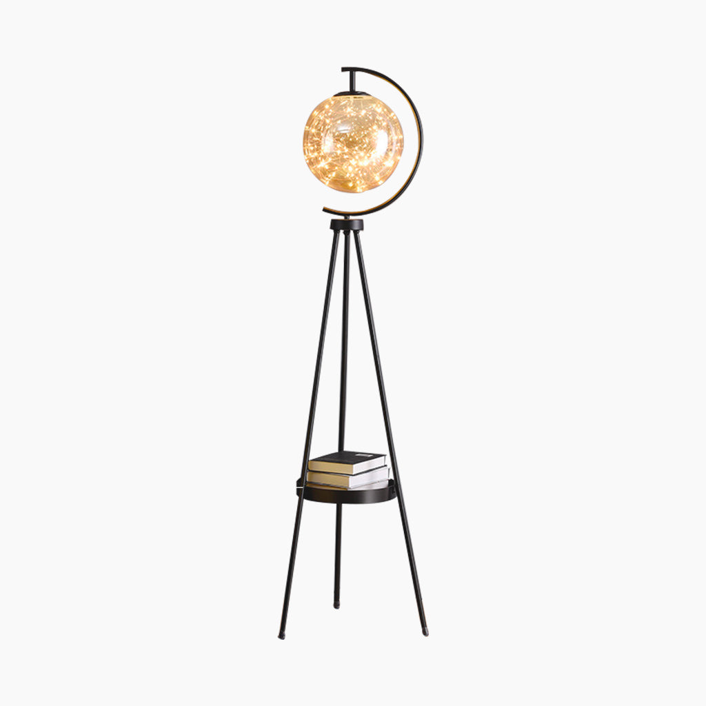 Tripod Floor Lamp Black Body with Amber Lampshade