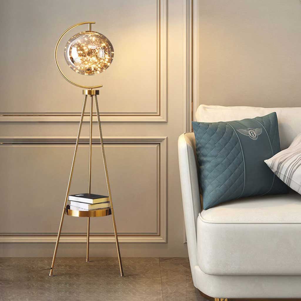 Tripod Floor Lamp Gold Body with Smoke Grey Lampshade Living Room