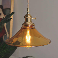 Vintage Brass Amber Glass Horn Shaped Hanging Light Corner