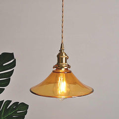 Vintage Brass Amber Glass Horn Shaped Hanging Light Rest Room