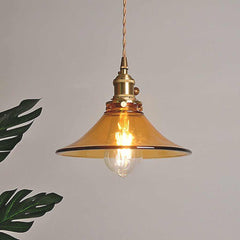 Vintage Brass Amber Glass Horn Shaped Hanging Light Room
