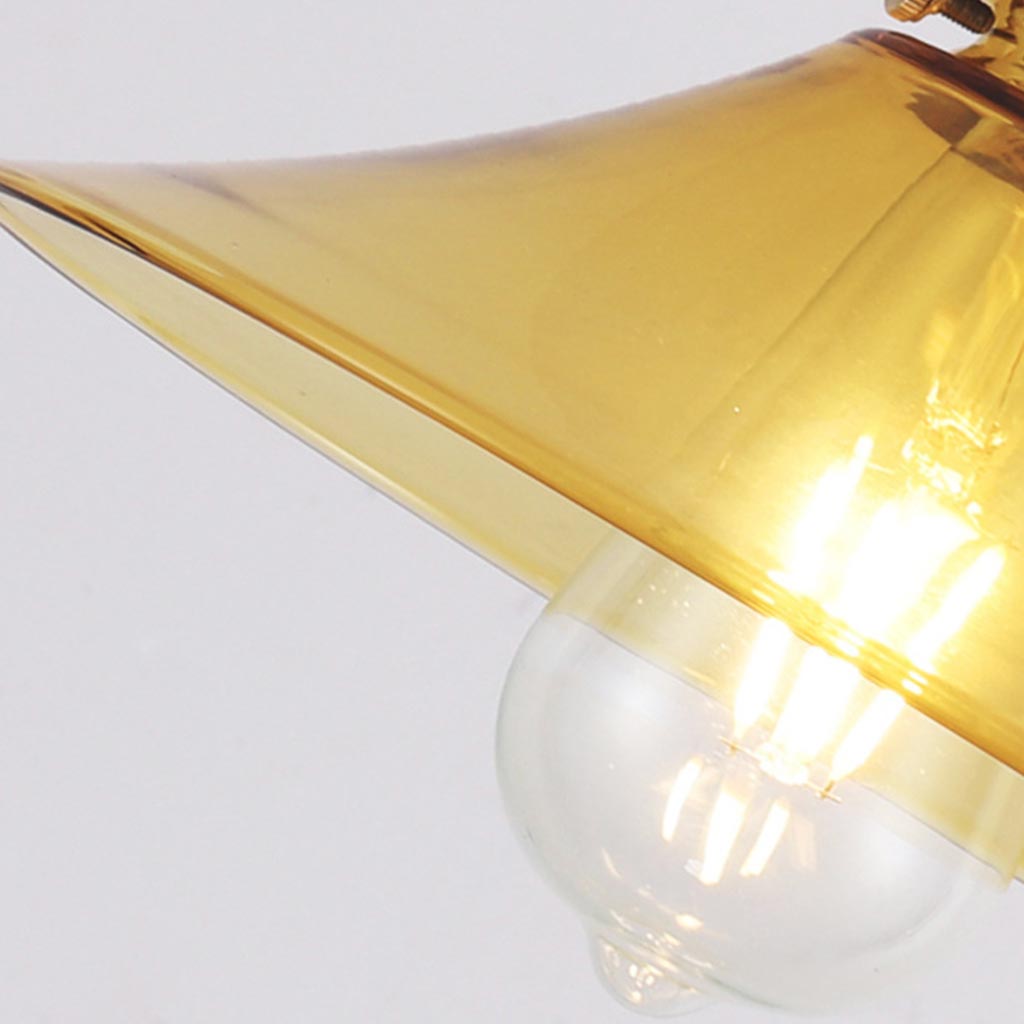 Vintage Brass Amber Glass Horn Shaped Hanging Light Shade