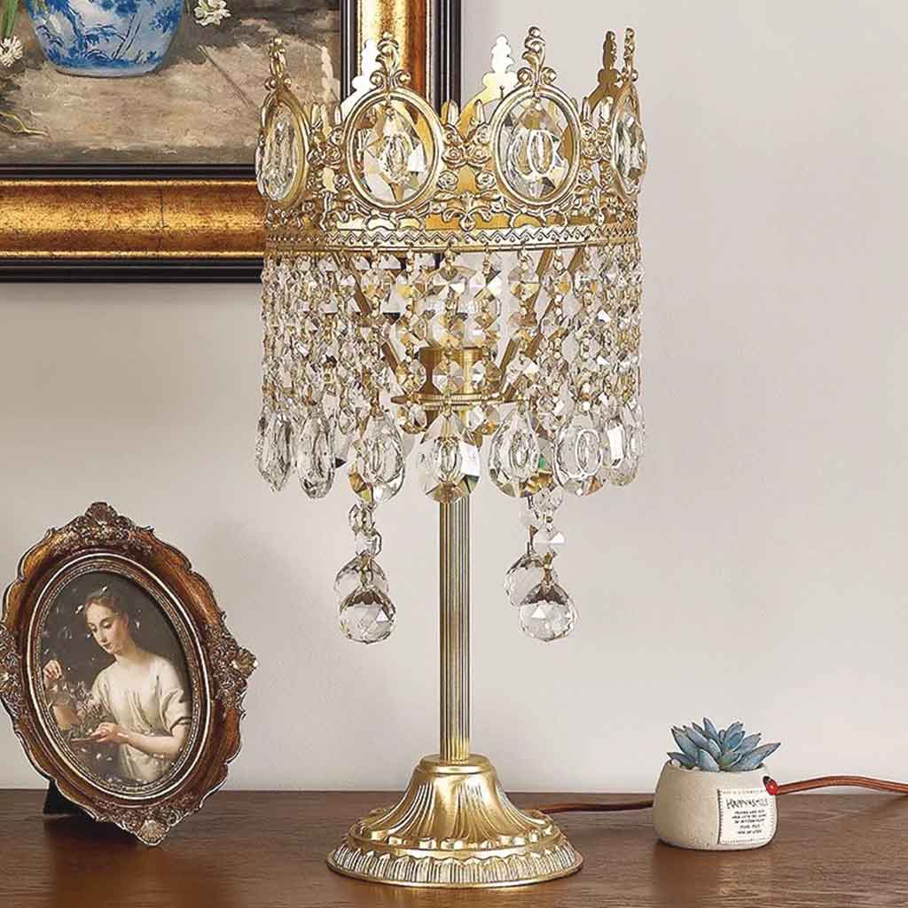 Vintage Gold Crown Table Lamp with Crystal Tassel Room