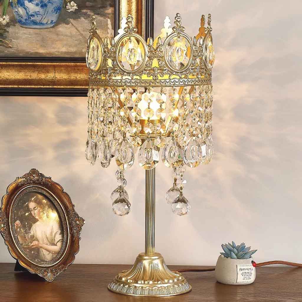 Vintage Gold Crown Table Lamp with CrystalTassel Study Room