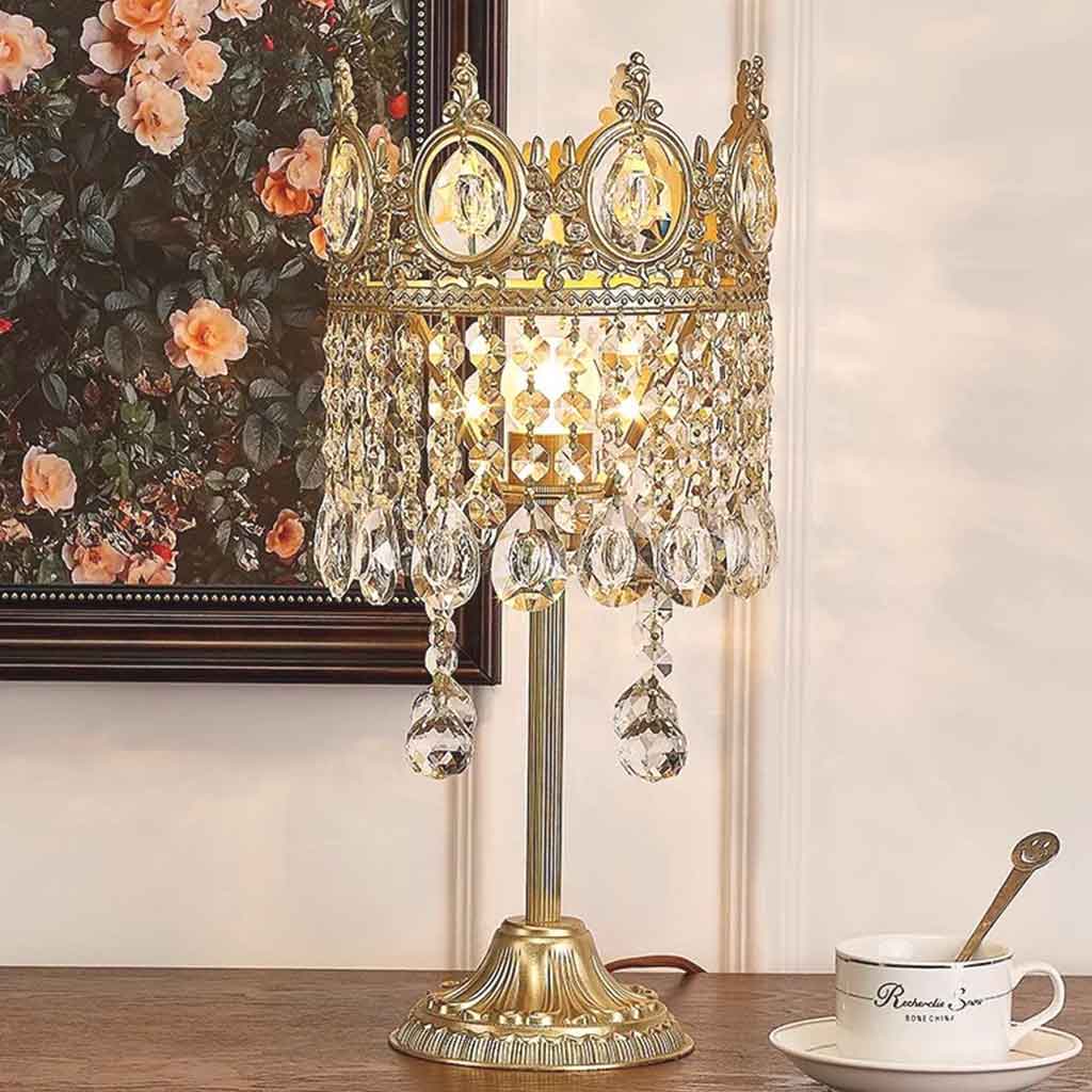 Vintage Gold Crown Table Lamp with Crystal Tassel Table