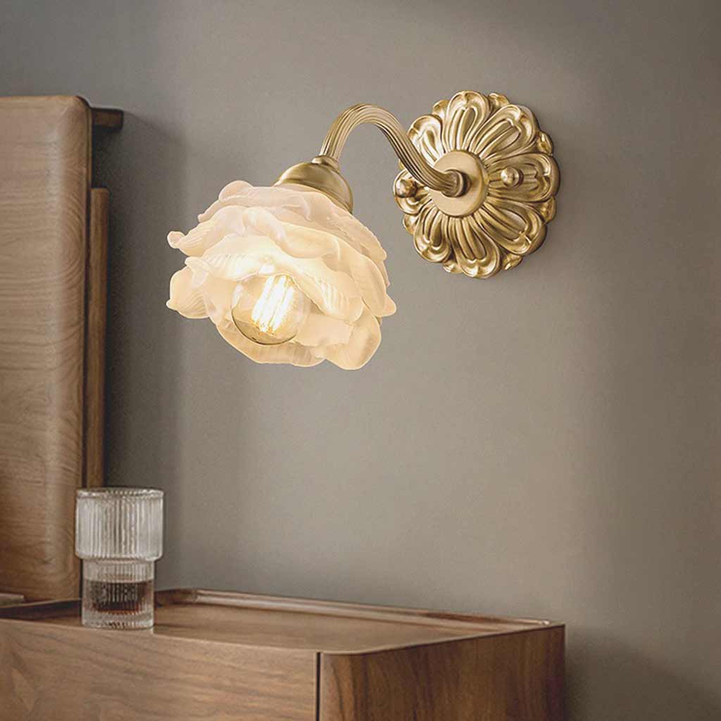 Wall Sconce Light Vintage Brass White Glass Flower Corner
