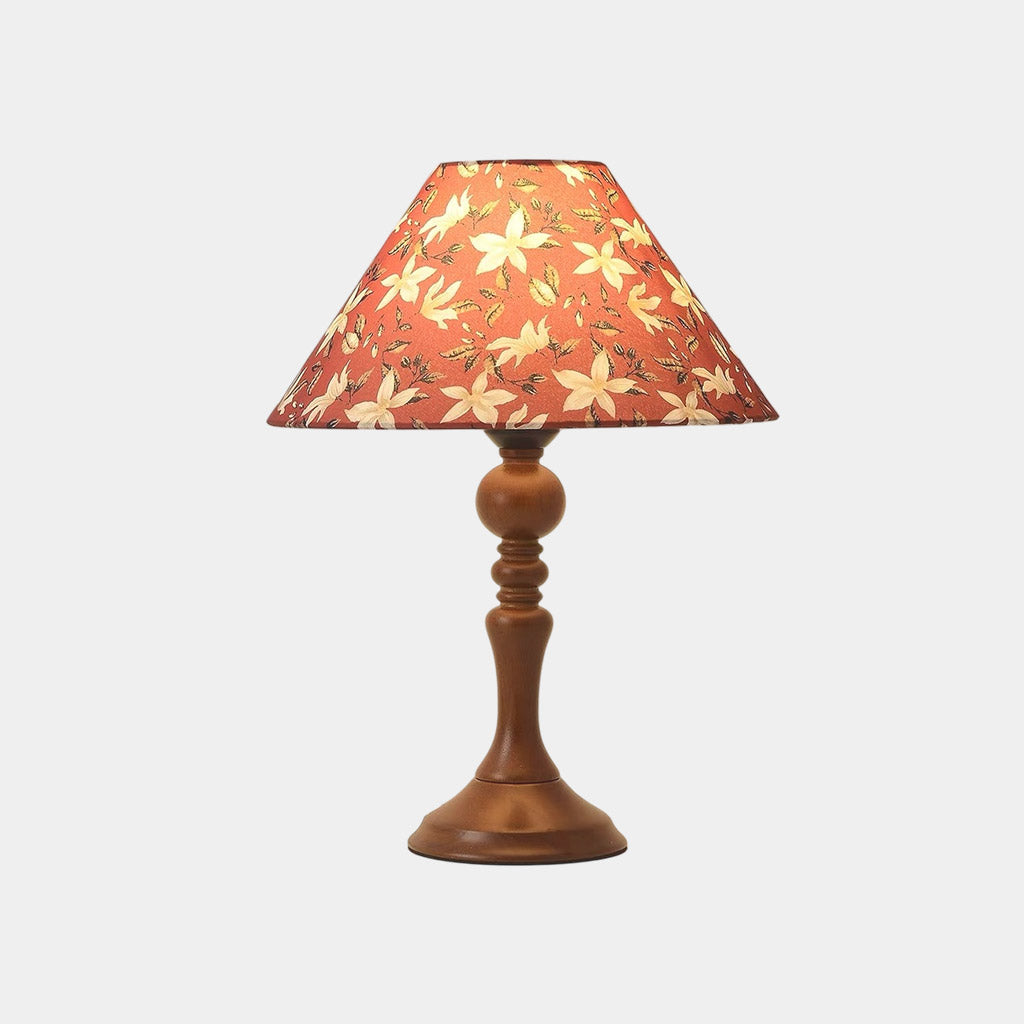 Bordlampa med träfot, konstnärlig blommig tygskärm