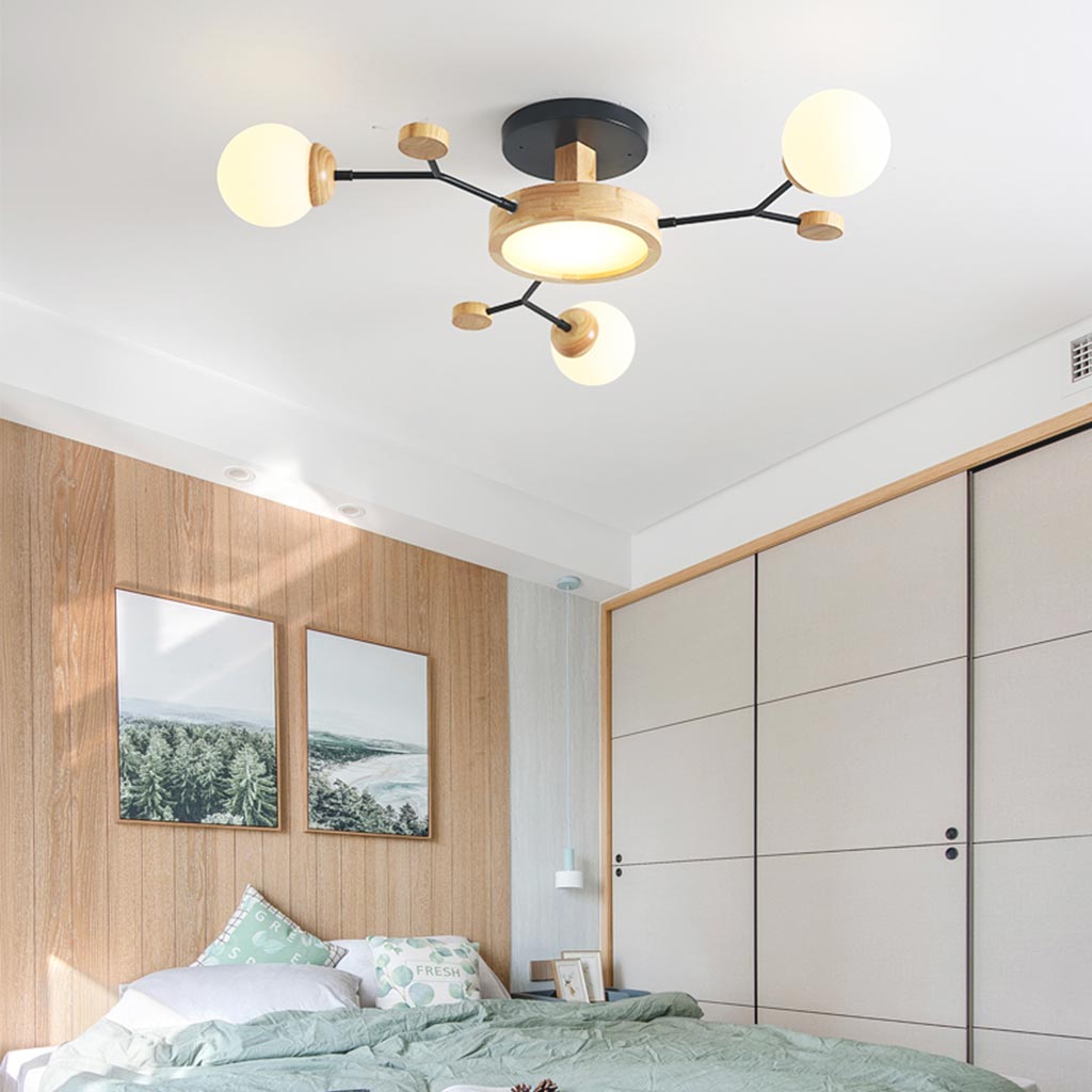 Wood Glass Ball Tree Branch Chandelier Ceiling Light Bedroom 6 Lights