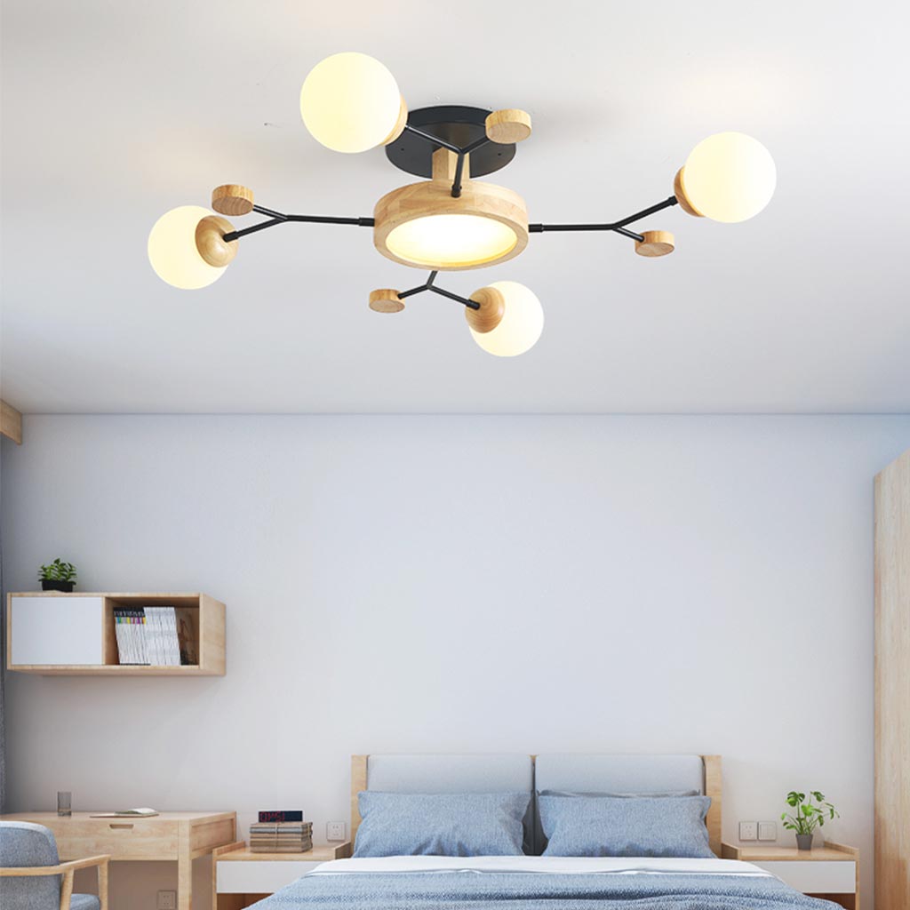 Wood Glass Ball Tree Branch Chandelier Ceiling Light Bedroom 4 Lights