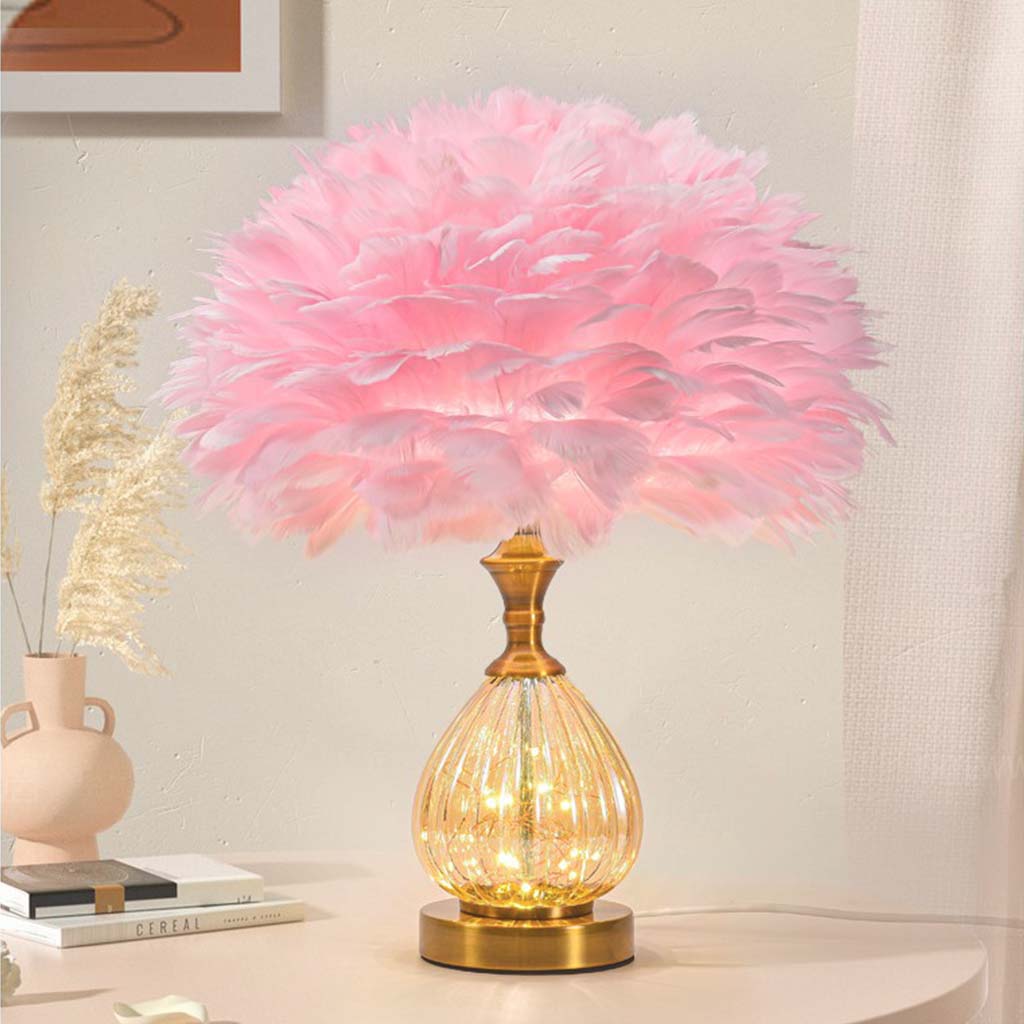 Cute Teardrop Glass Feather Table Lamp Main Pink Shade Brass Room