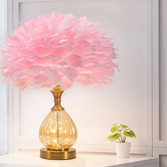 Cute Teardrop Glass Feather Table Lamp Main Pink Shade Brass Study