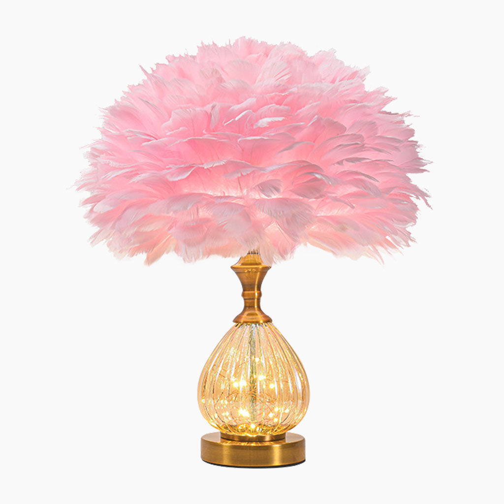 Cute Teardrop Glass Feather Table Lamp Main Pink Shade Brass