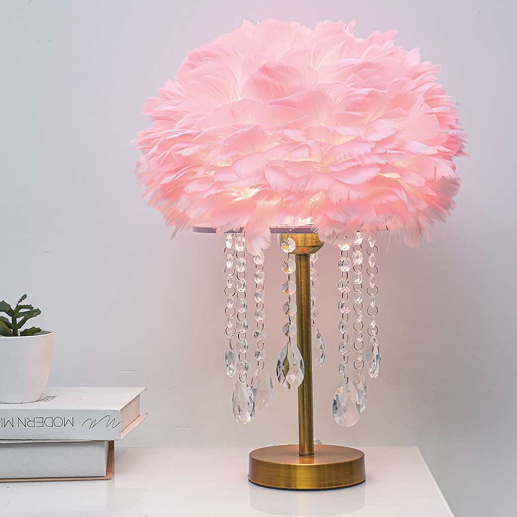 Romantic Feather Table Lamp with Crystal Tassels Pink