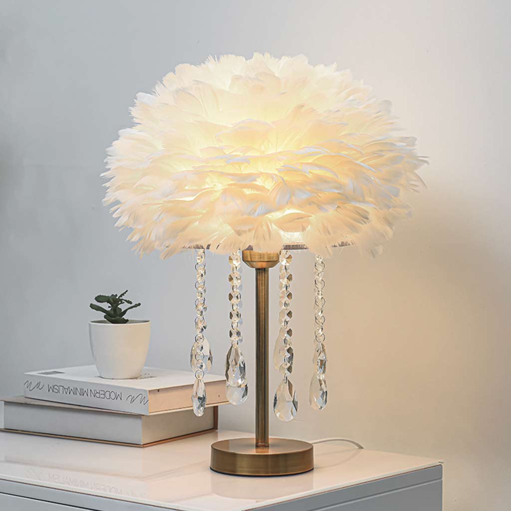 Romantic Feather Table Lamp with Crystal Tassels White
