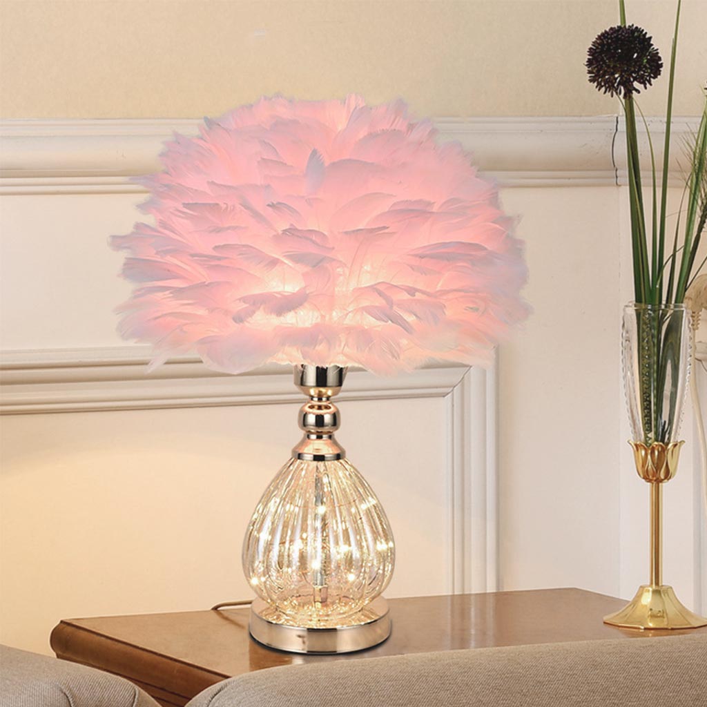 Cute Teardrop Glass Feather Table Lamp Pink