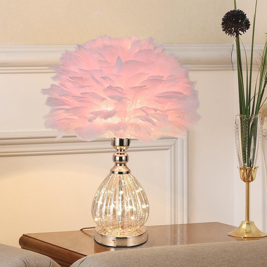 Feather Table Lamp Cute Furry, Teardrop Glass Pink Feather Dia 35cm H 45cm