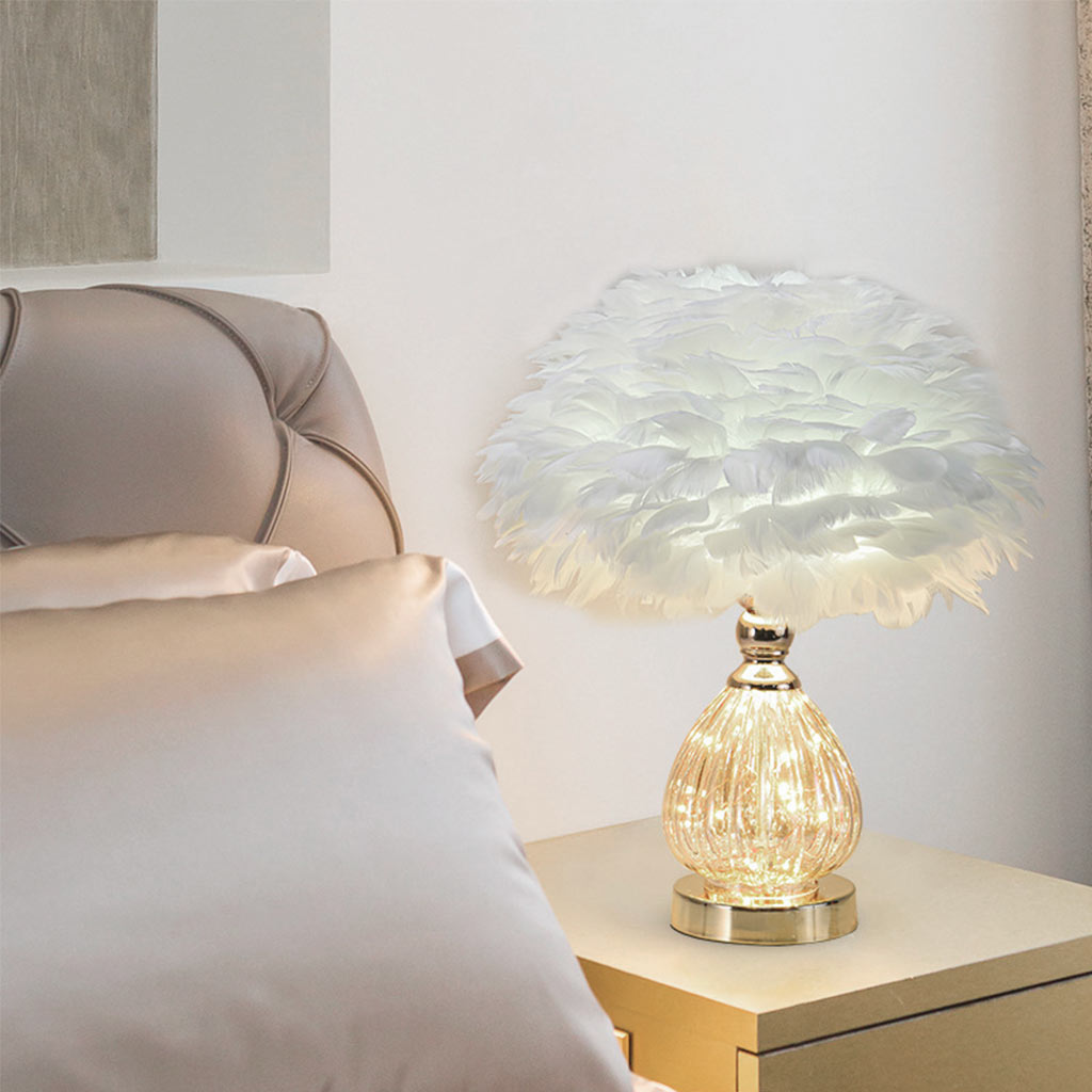 Cute Teardrop Glass Feather Table Lamp White